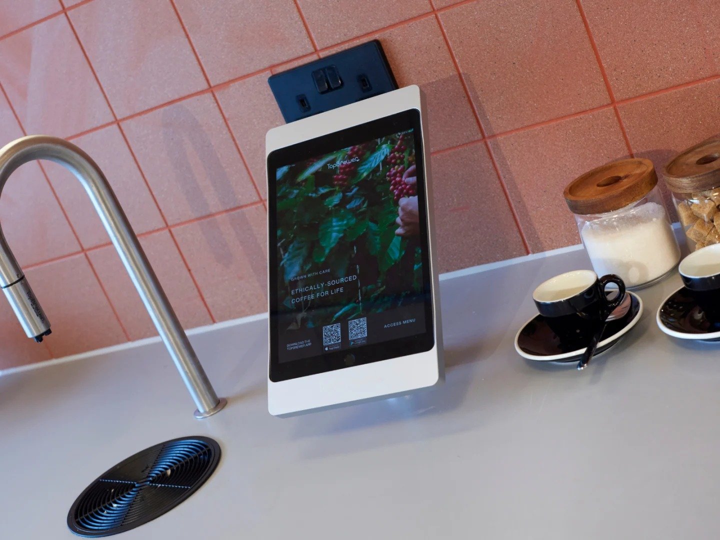 Coffee station with tablet cups and sugar kitchen area at The Gorge in Exeter Student Accommodation
