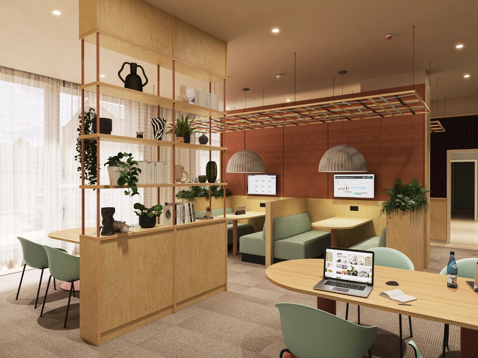 Study area with bookshelves booths and tables Study area at Venti House in London Student Accommodation