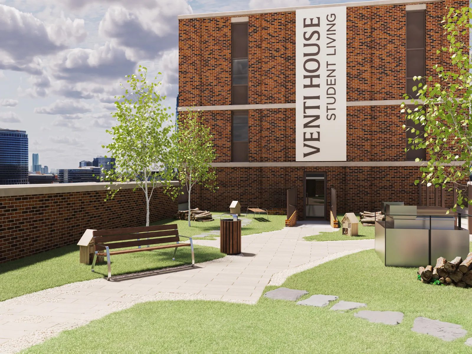 Bench trash bin and trees exterior at Venti House in London Student Accommodation