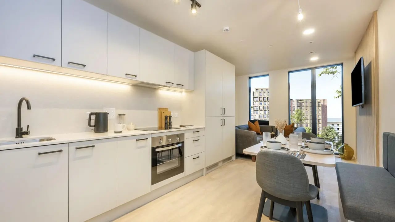 Modern kitchen dining and living area at Press House in London Student Accommodation