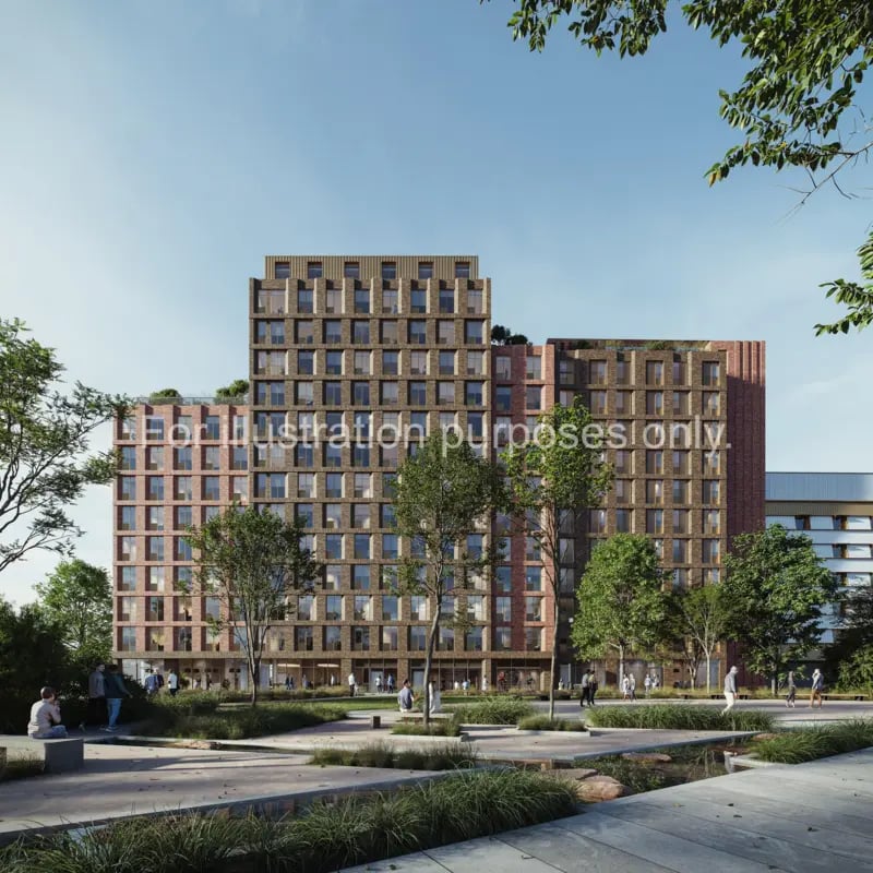 Modern brick buildings with many windows exterior at Press House in London Student Accommodation