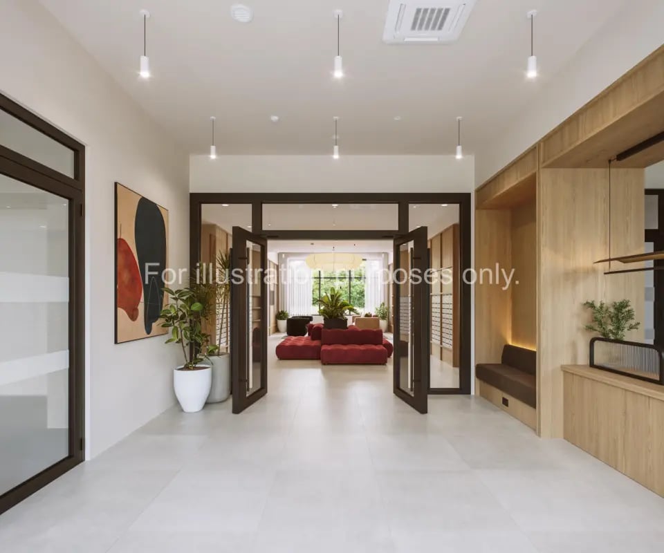 Modern lobby with red seating and plants interior at Press House in London Student Accommodation