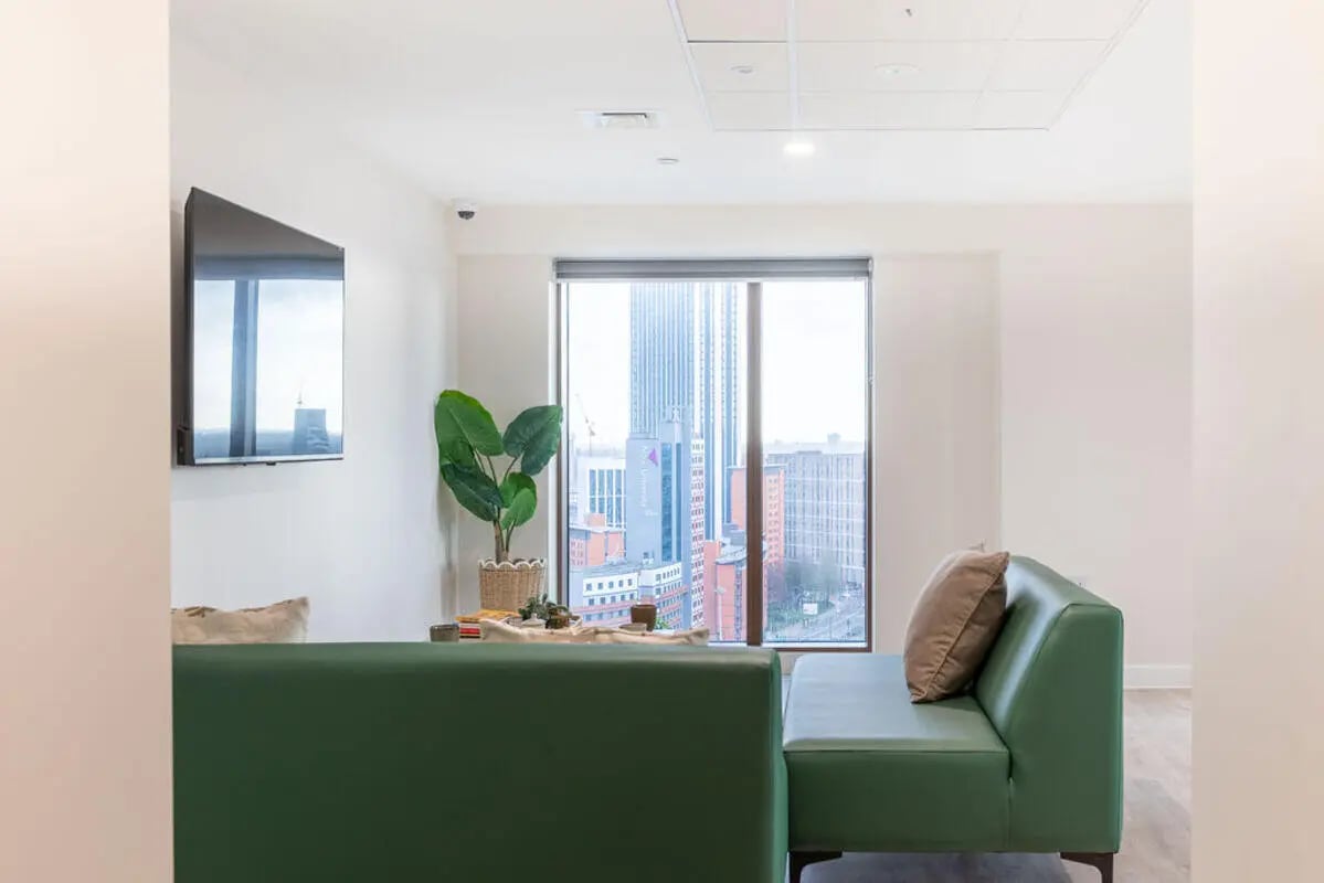 Green sofa television plant city view living room at Yugo Crown Place in Birmingham Student Accommodation