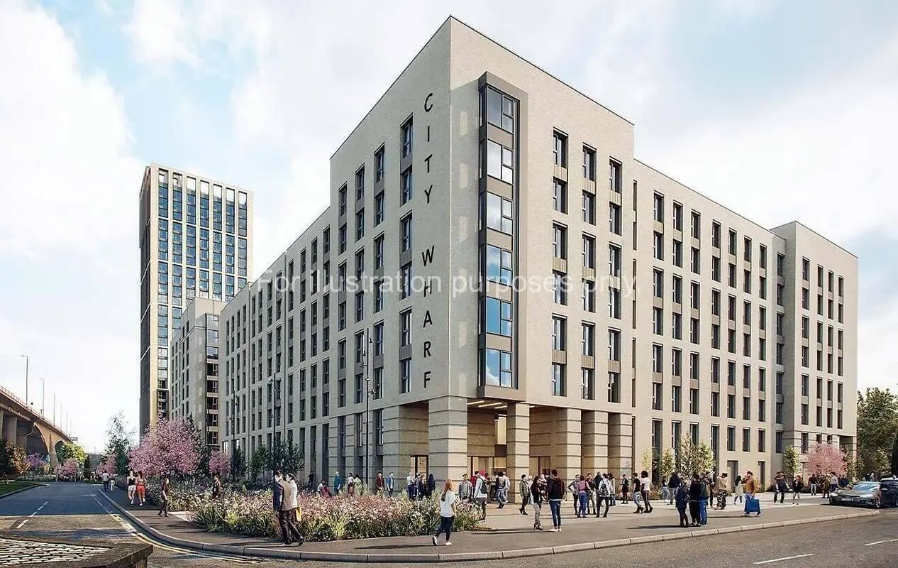 Modern apartment buildings with people outside exterior at City Wharf in Glasgow Student Accommodation