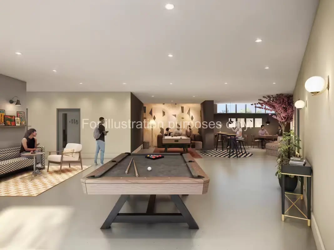 Pool table seating area and tables community room at The Quarter House in Bristol Student Accommodation