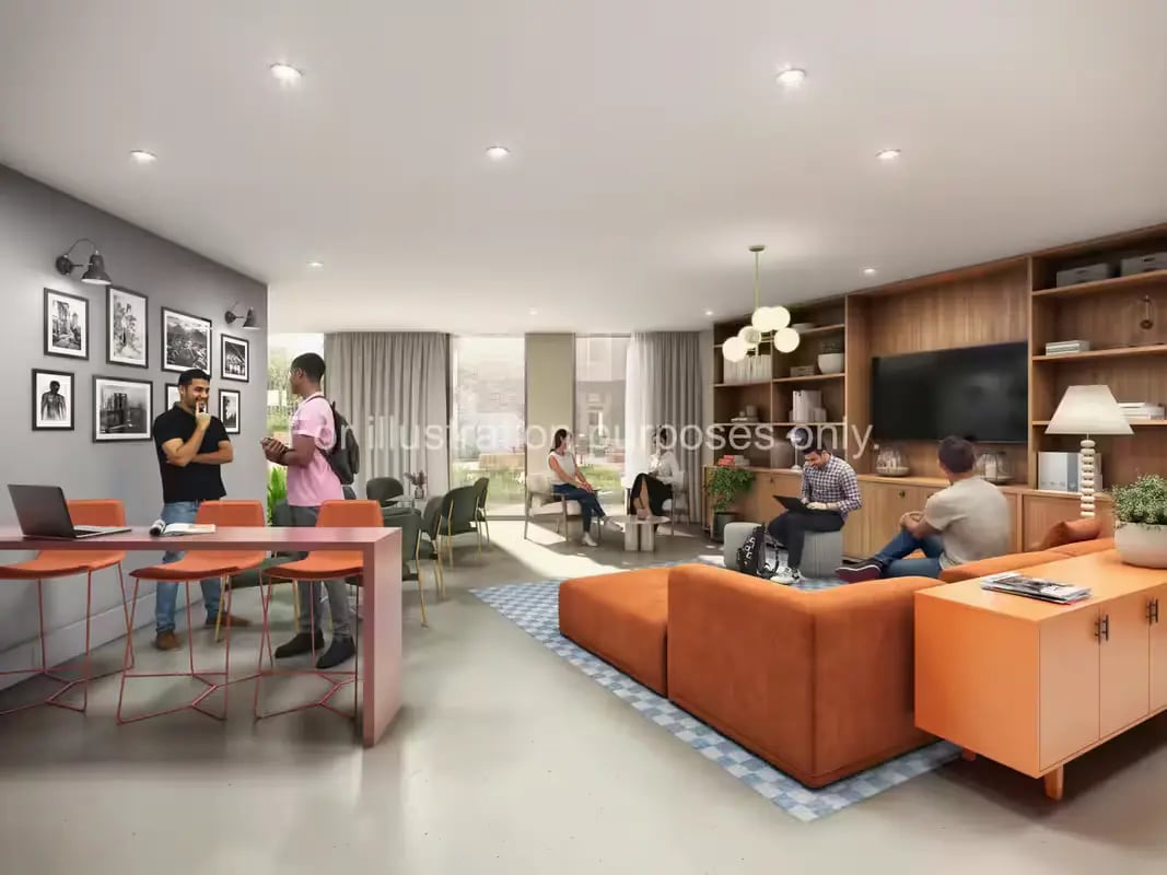 Modern lounge area with people sitting and working. Living room at The Quarter House in Bristol Student Accommodation