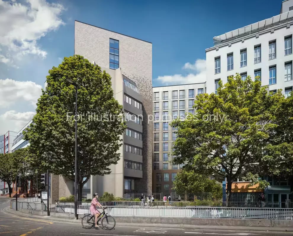 Modern buildings trees and people exterior at The Quarter House in Bristol Student Accommodation