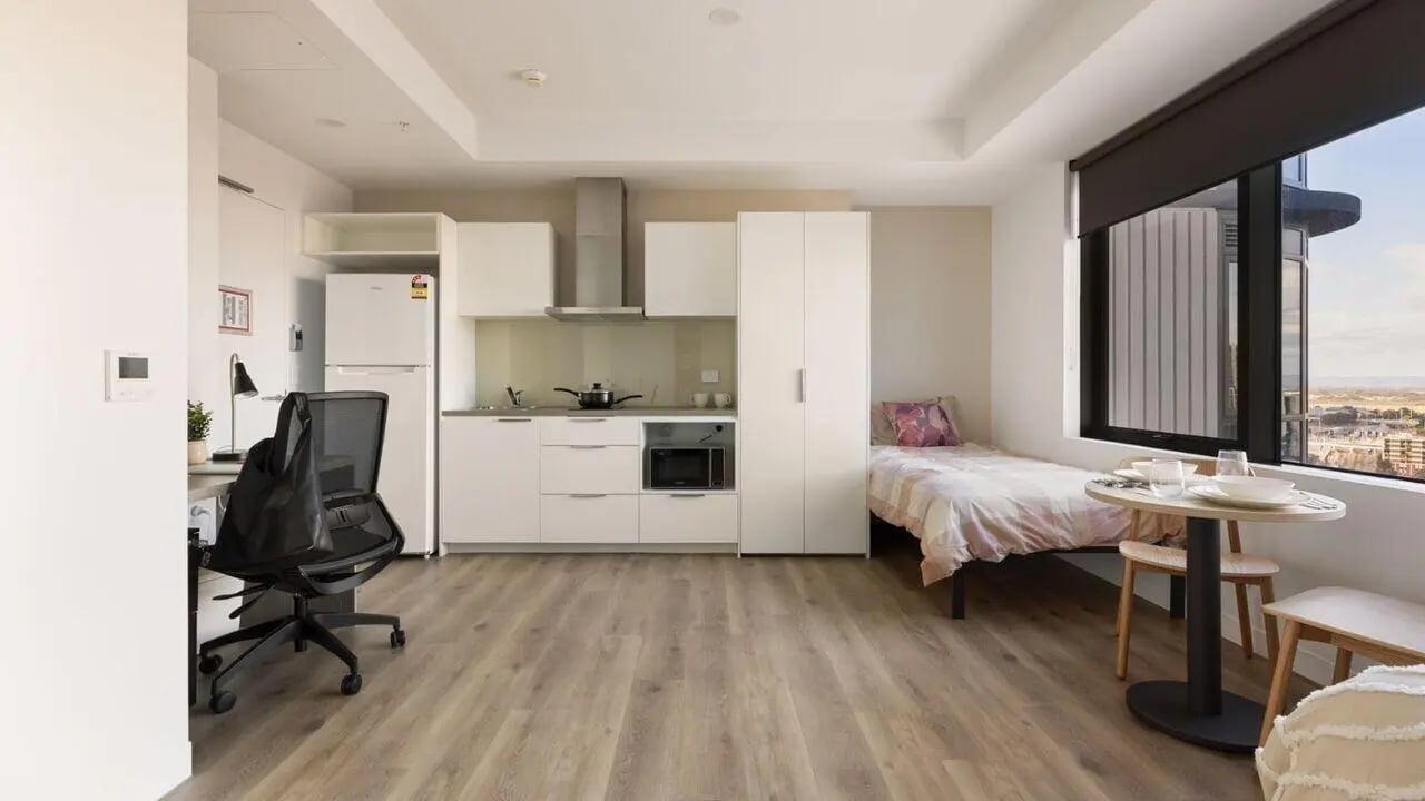 Studio apartment with kitchen bed study area at UniLodge Perth Central in Perth Student Accommodation