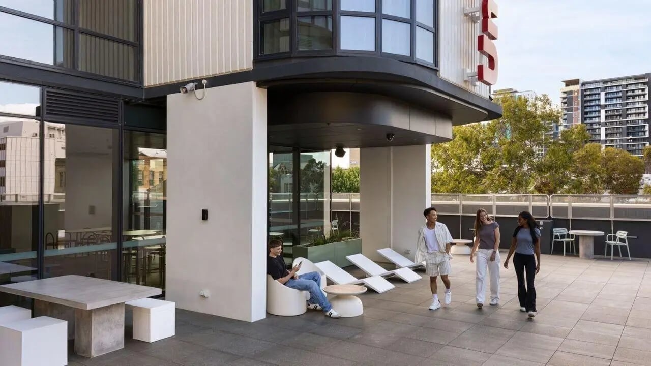 Outdoor seating area with students exterior at UniLodge Perth Central in Perth Student Accommodation