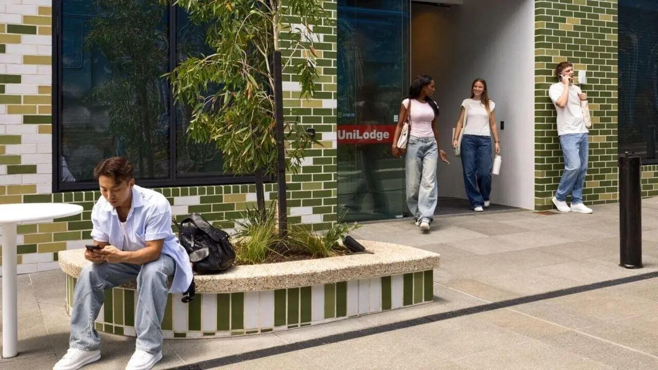 Students near UniLodge entrance exterior at UniLodge Perth Central in Perth Student Accommodation