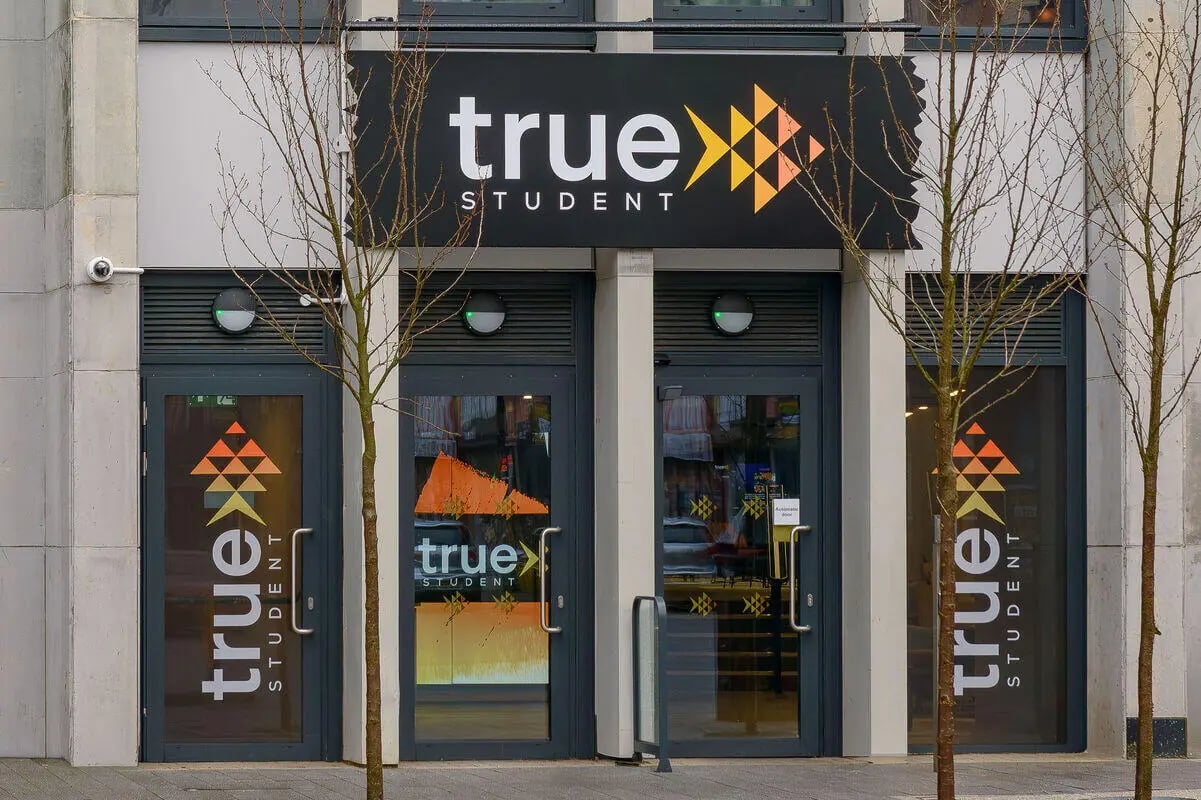 Entrance with signs and doors exterior at True Leicester in Leicester Student Accommodation