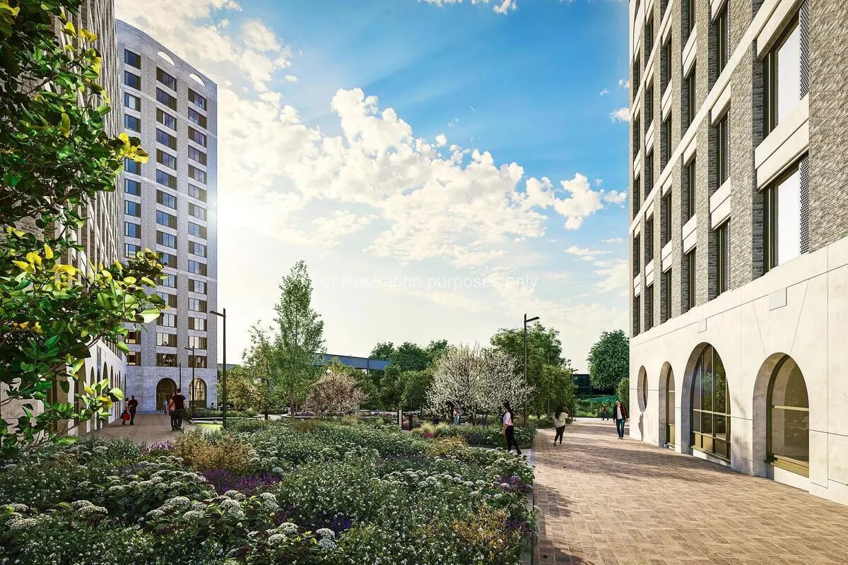 Modern apartment buildings and landscaped gardens exterior at Timber Yard in Bristol Student Accommodation