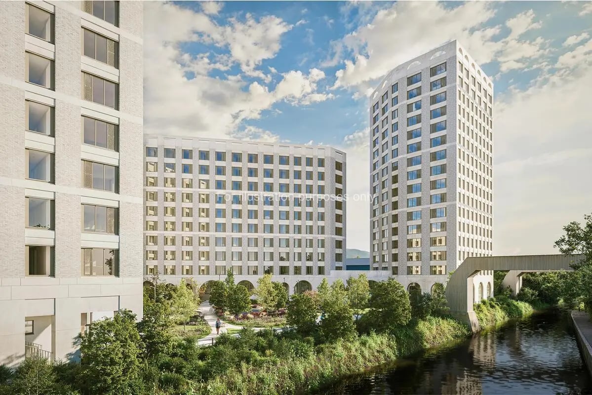 Modern apartment buildings beside water canal exterior at Timber Yard in Bristol Student Accommodation