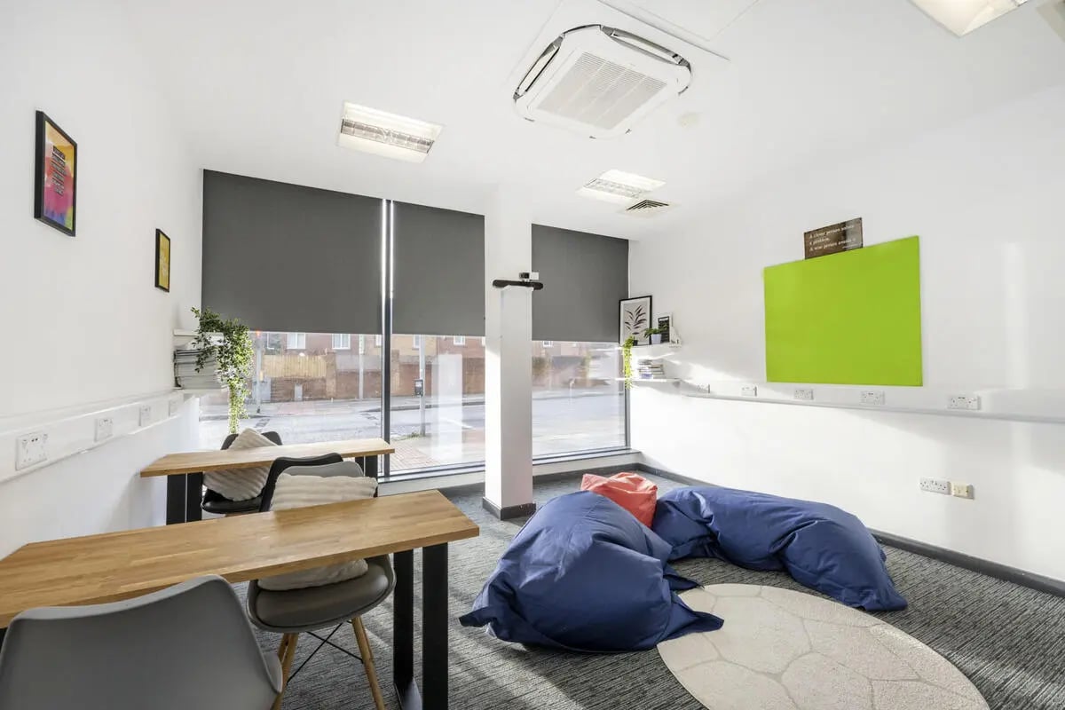 Beanbags tables and chairs communal area at Glassworks - Liverpool in Liverpool Student Accommodation