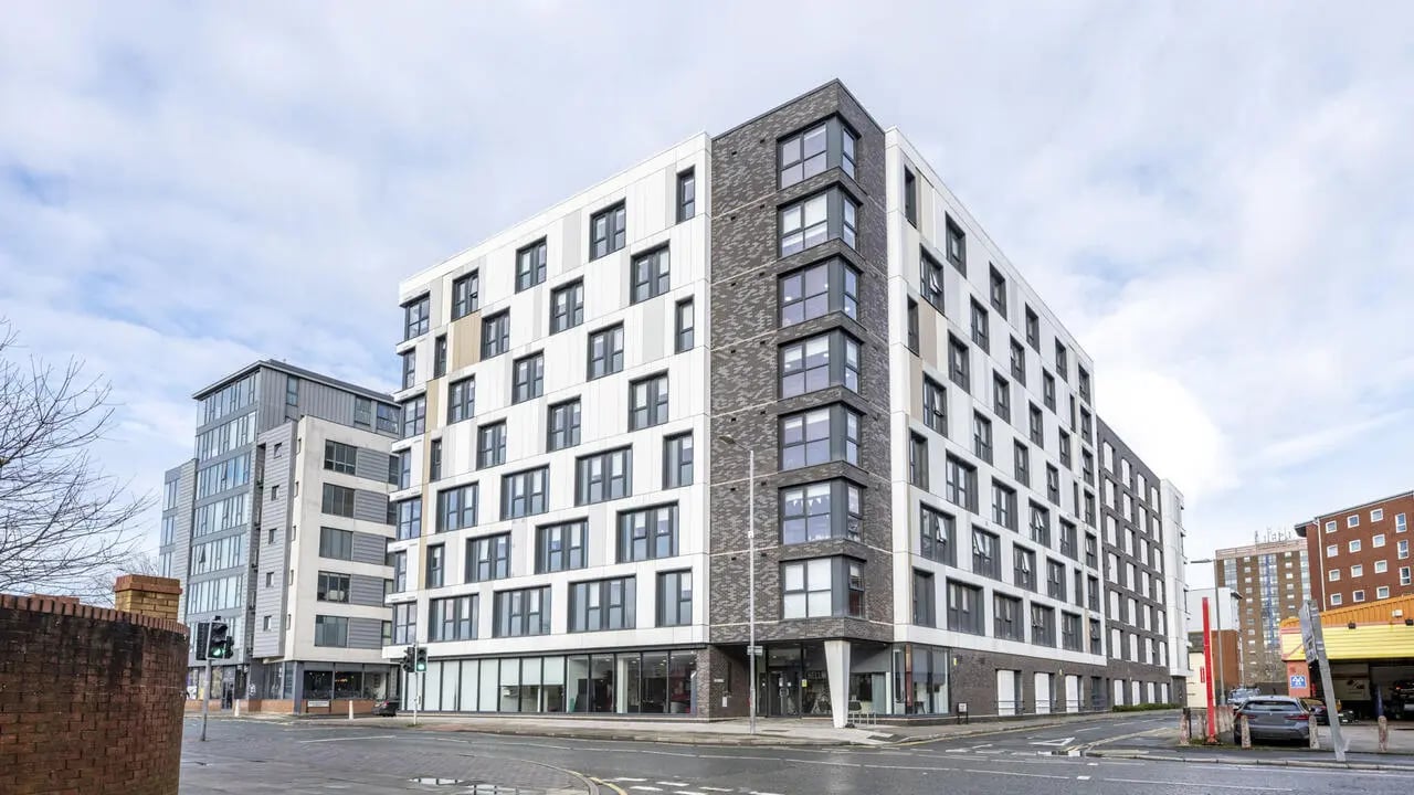 Modern apartment buildings with many windows exterior at Glassworks - Liverpool in Liverpool Student Accommodation