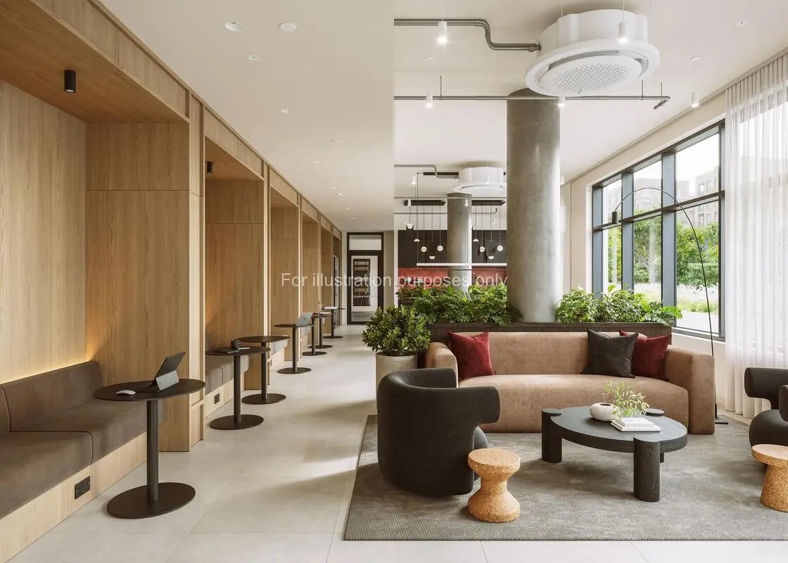 Wooden booths sofa and coffee tables lounge area at Press House in London Student Accommodation
