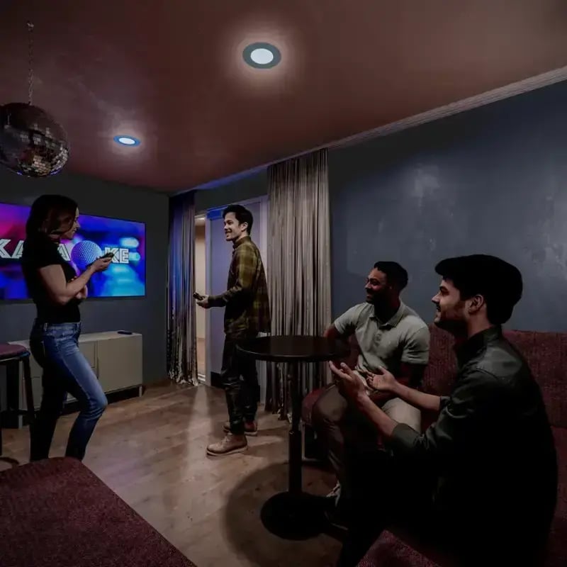 People karaoke tv disco ball living room at Hawthorne House in London Student Accommodation