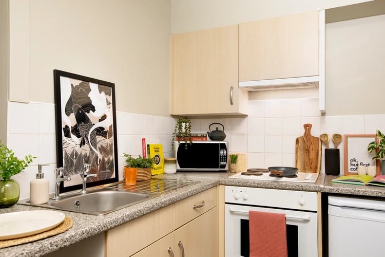 Sink artwork microwave oven stove top kitchen at Blackfriars in Glasgow Student Accommodation