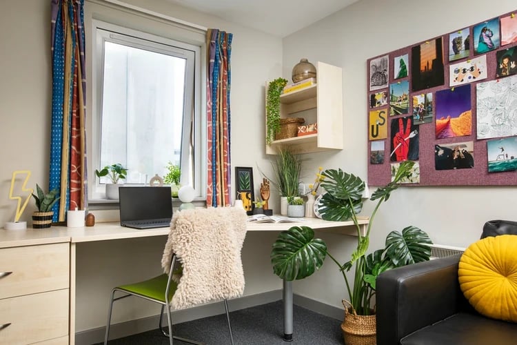 Desk with laptop plants and chair study area at Blackfriars in Glasgow Student Accommodation