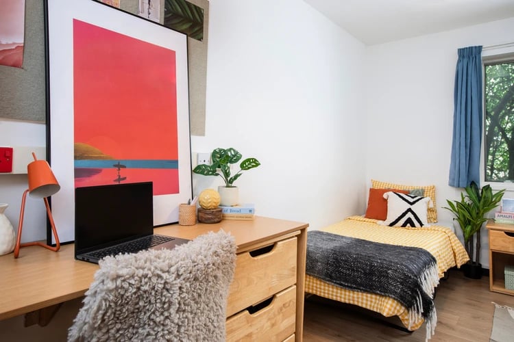 Desk laptop framed art bed and plant bedroom at Ewen Henderson Court in London Student Accommodation