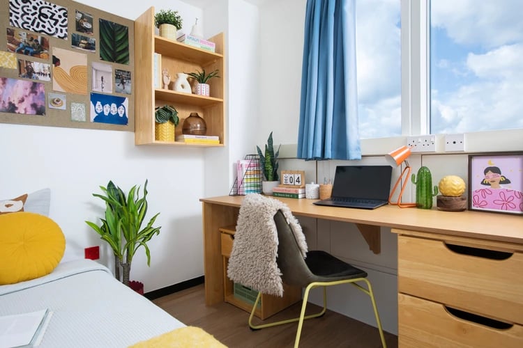 Desk chair laptop plants bulletin board bedroom at Ewen Henderson Court in London Student Accommodation