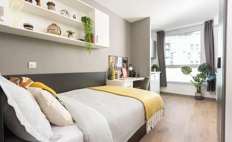Bed desk shelves plant window bedroom at Arch View House in London Student Accommodation