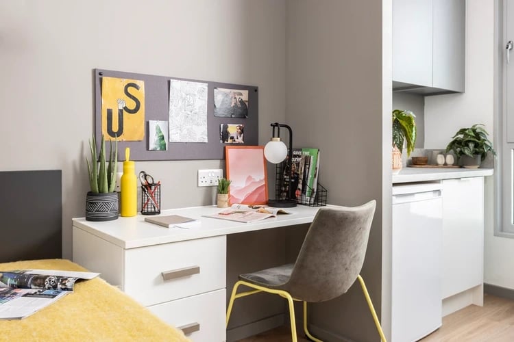 Desk with lamp plant and kitchen area living room at Arch View House in London Student Accommodation