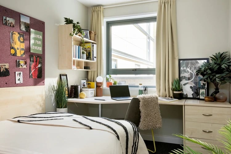 Bed desk shelf and photos student bedroom at Blithehale Court in London Student Accommodation