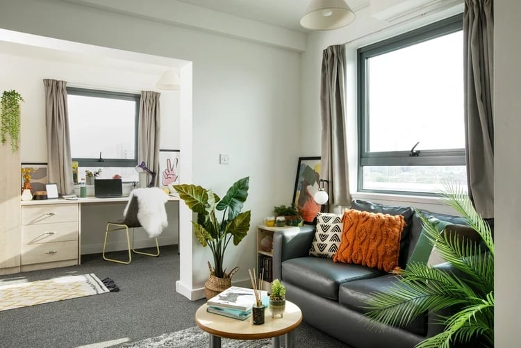 Desk sofa plants living room study area at Blithehale Court in London Student Accommodation