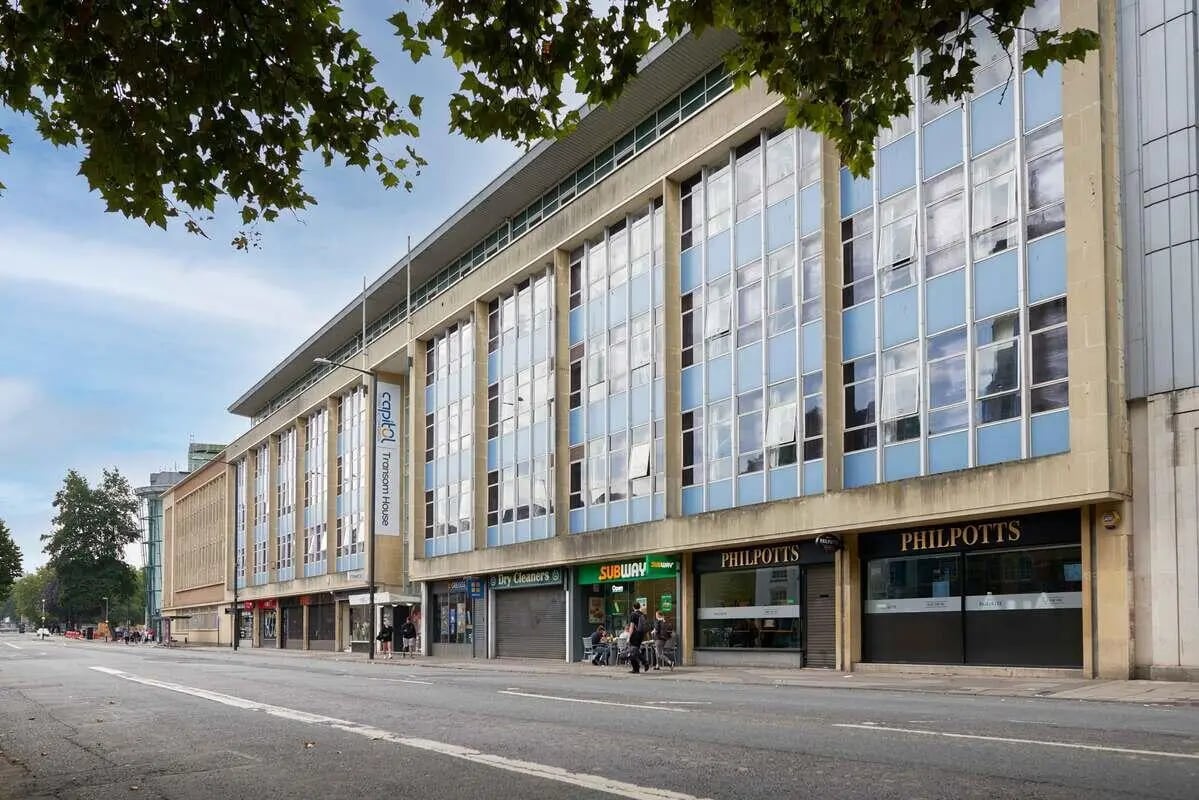 Modern building with blue windows exterior at Transom House in Bristol Student Accommodation