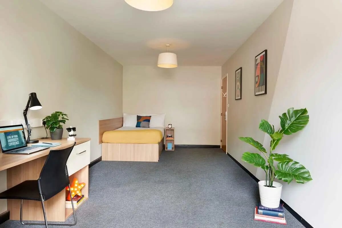 Desk bed plant wall art bedroom at Transom House in Bristol Student Accommodation