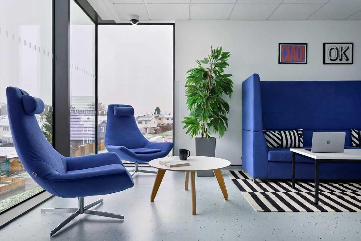 Blue chairs table plant laptop and sofa living area at Westwood Student Mews in Coventry Student Accommodation