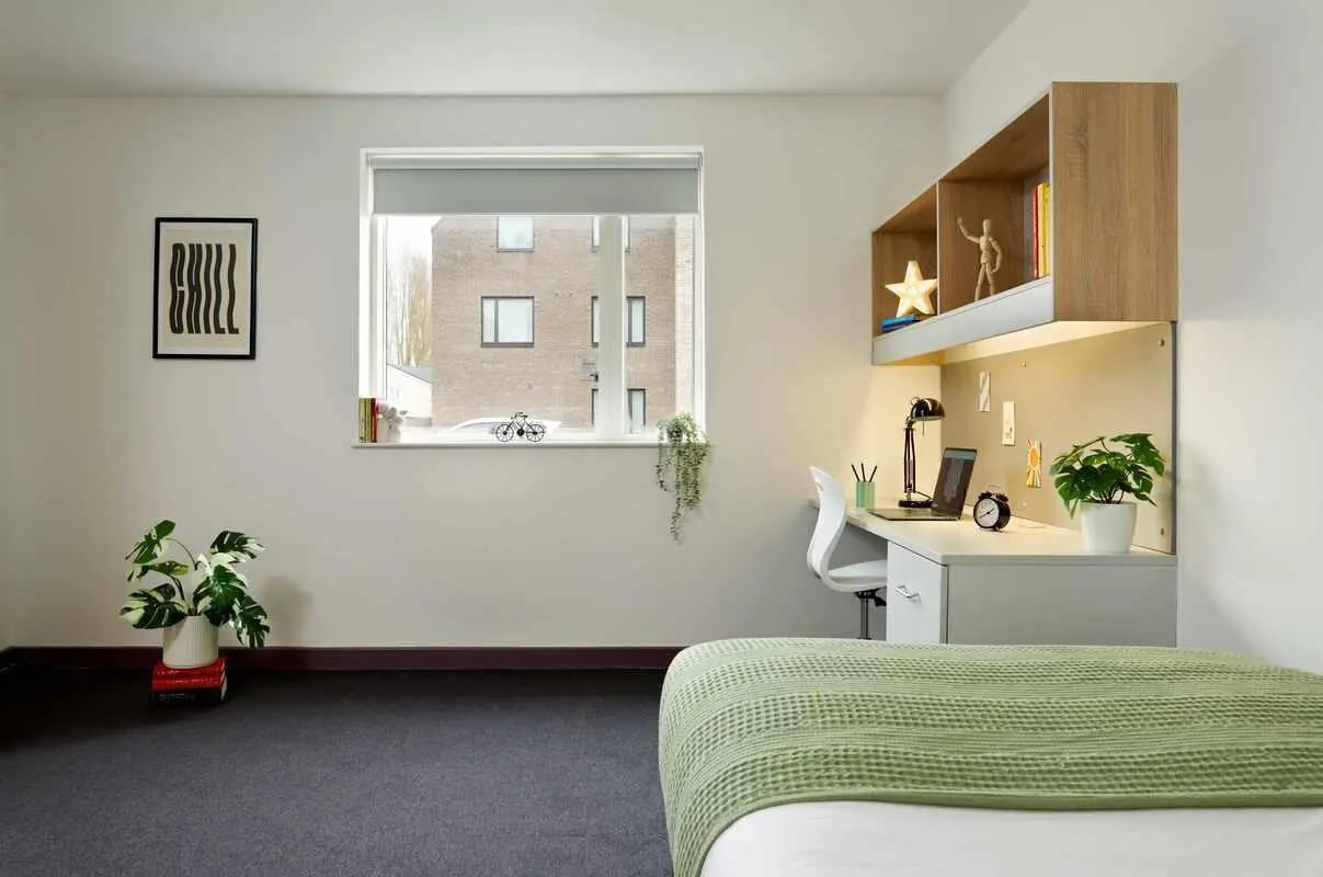 Bed desk with laptop and plant study area at Westwood Student Mews in Coventry Student Accommodation