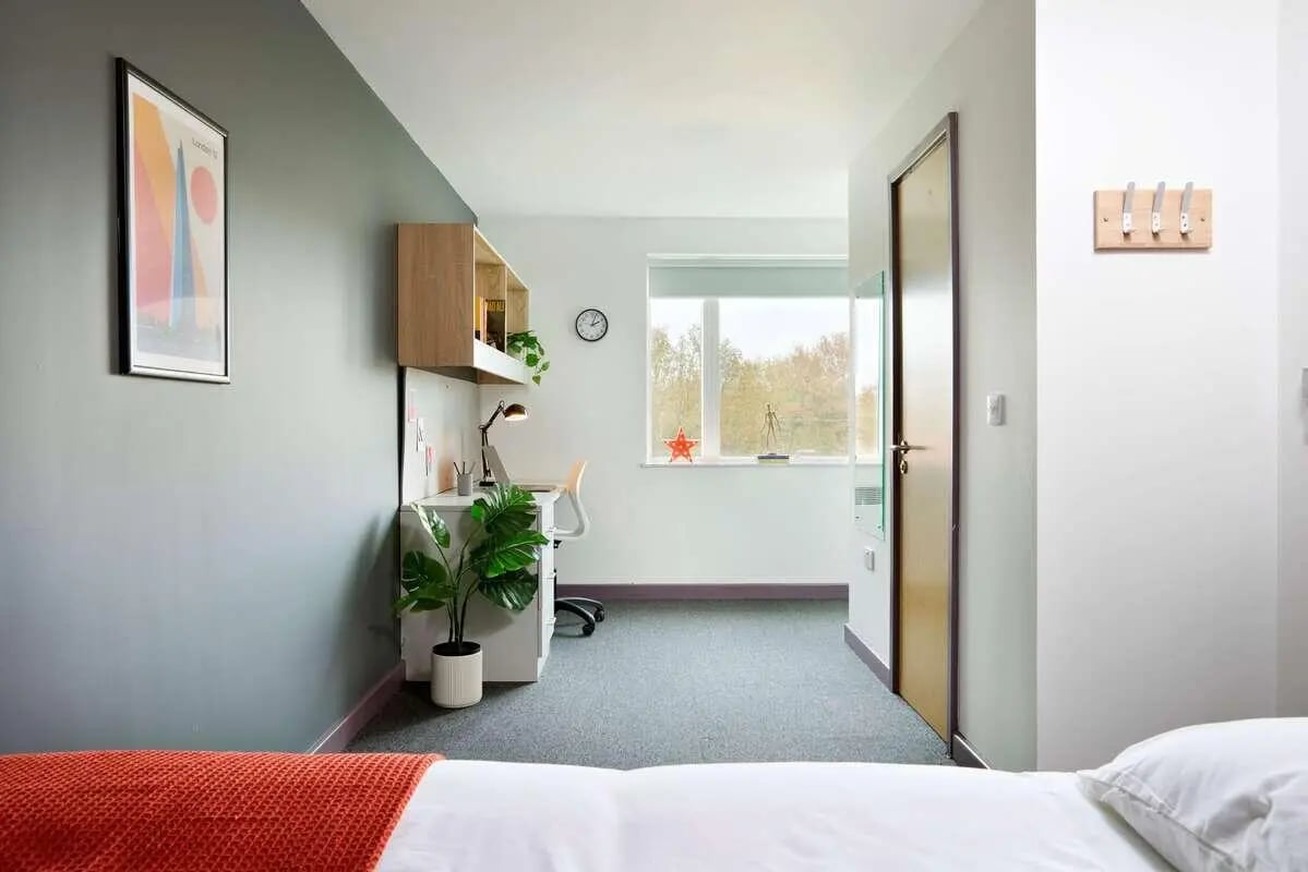 Desk plant framed art and orange blanket bedroom at Westwood Student Mews in Coventry Student Accommodation