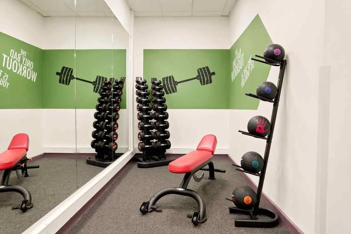 Dumbbells bench medicine balls gym equipment gym at Westwood Student Mews in Coventry Student Accommodation