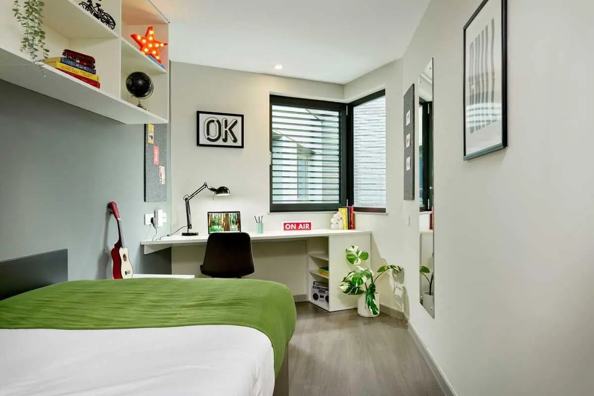 Bed desk lamp guitar plant and shelves bedroom at Millennium View in Coventry Student Accommodation