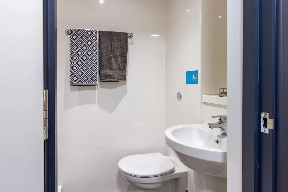 Toilet sink patterned and gray towels bathroom at Plymouth Cross House in Plymouth Student Accommodation