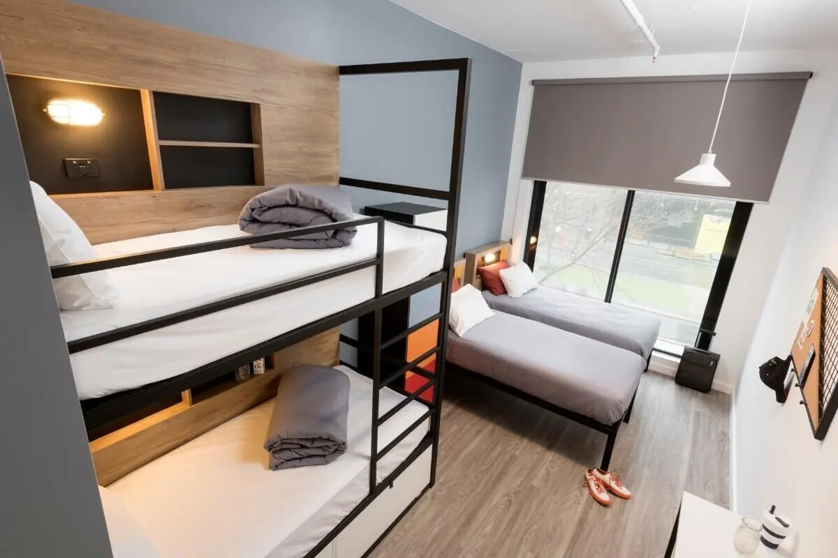 Bunk beds twin beds window blinds lighting Bedroom at The G Living in Perth Student Accommodation