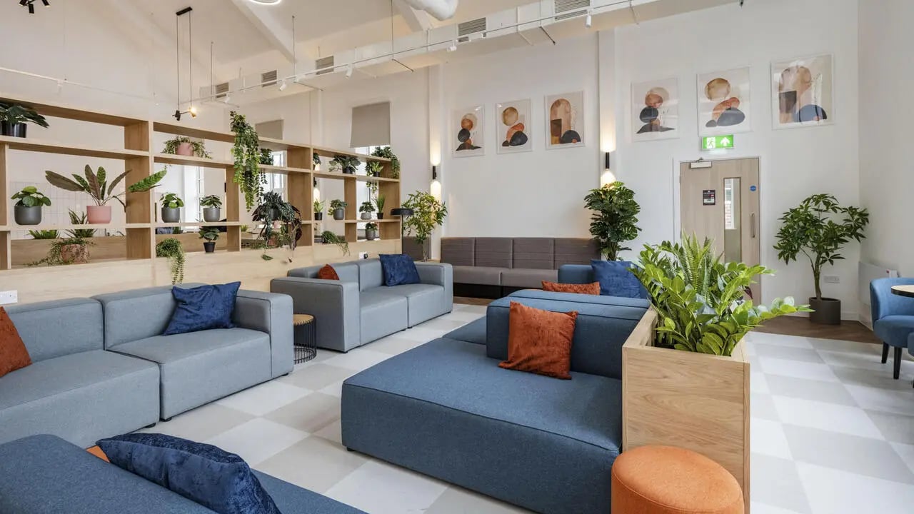 Modern lounge with blue sofas and plants living room at St Gabriels in Manchester Student Accommodation