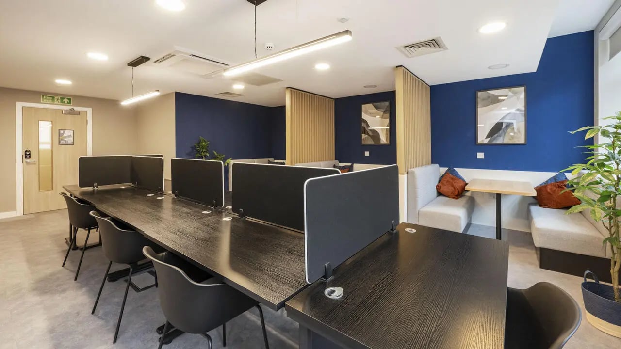 Study desks partitioned seating areas couch study area at St Gabriels in Manchester Student Accommodation