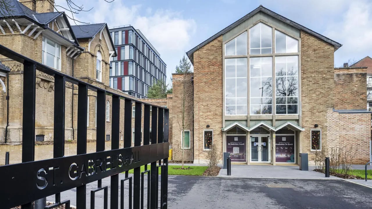 St Gabriels Hall entrance with modern building exterior at St Gabriels in Manchester Student Accommodation