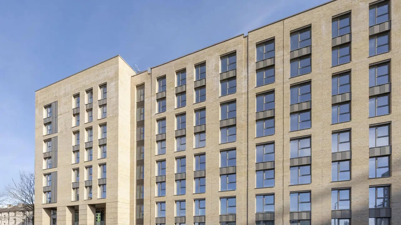 Modern building with many windows exterior at City Wharf in Glasgow Student Accommodation