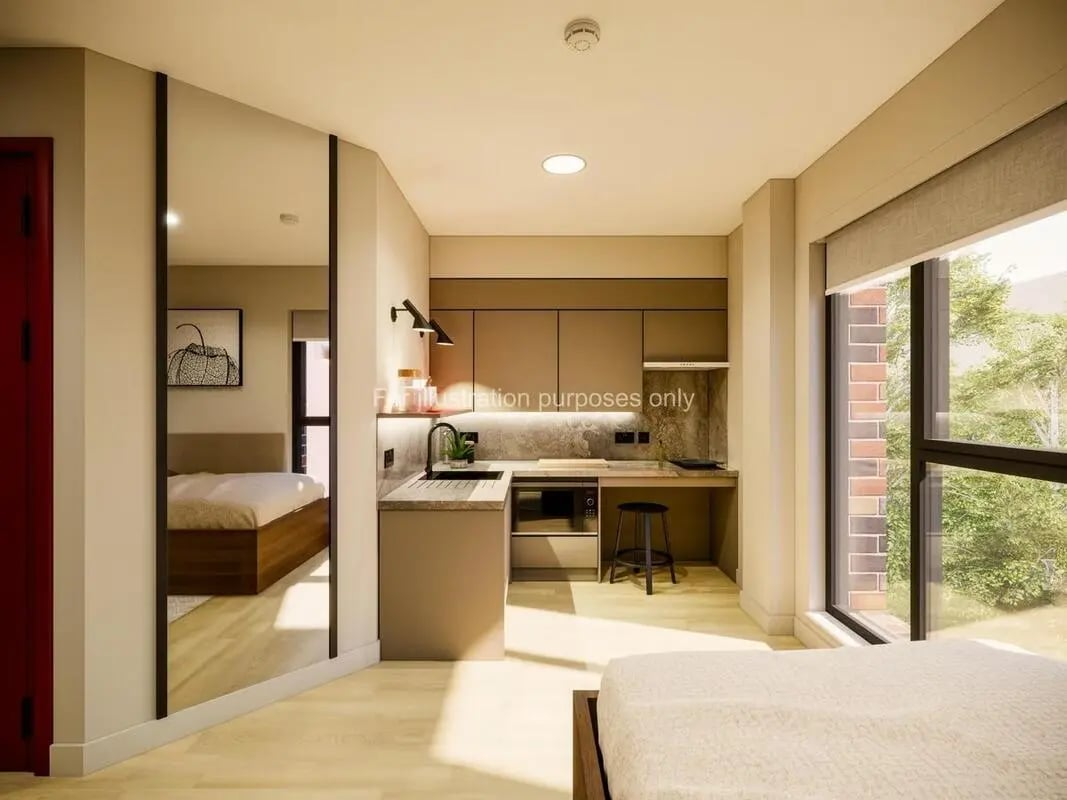 Modern studio kitchen with sink and microwave bedroom living room at Swan Residences in Glasgow Student Accommodation