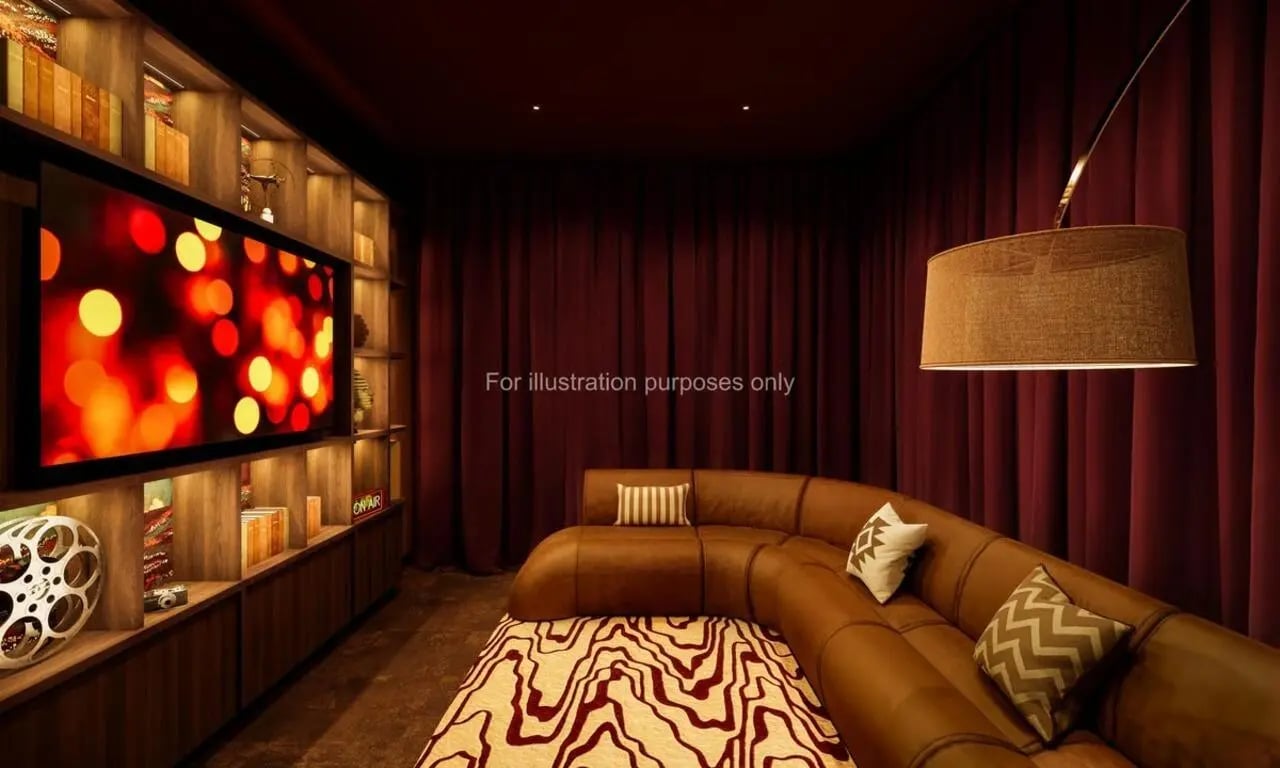Brown sectional sofa movie screen bookshelves rug living room at Swan Residences in Glasgow Student Accommodation