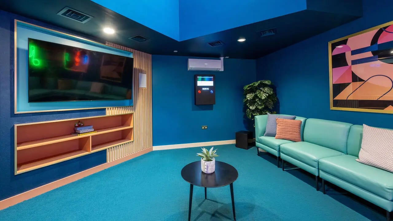 Blue living room with TV, sofa, and plants. Living room at Wick Park in London Student Accommodation
