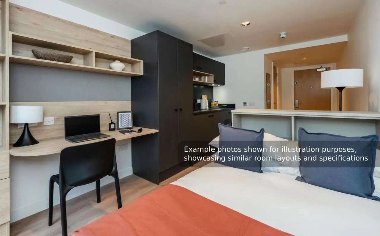 Desk laptop chair kitchen and bed bedroom at Straits Mile in Edinburgh Student Accommodation