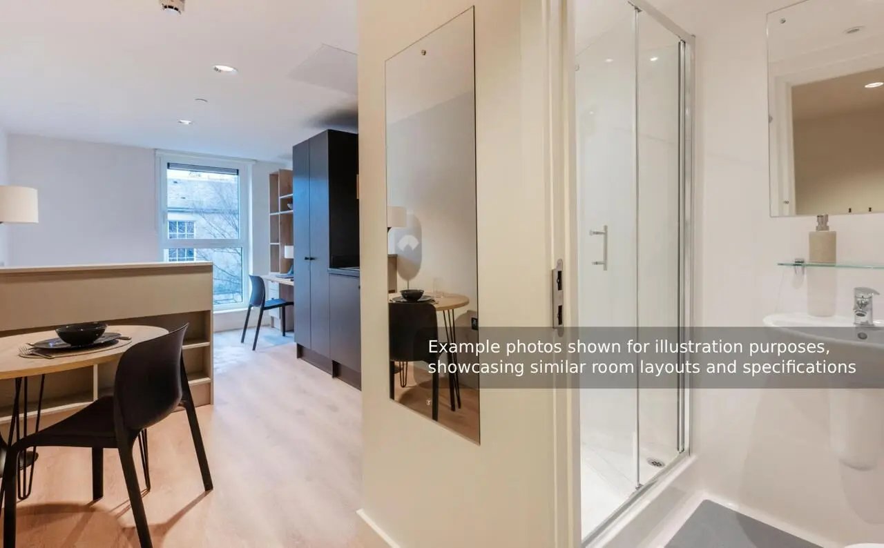 Dining table chairs desk kitchen shower bathroom living room at Straits Mile in Edinburgh Student Accommodation