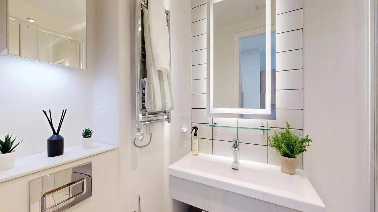 Modern bathroom with sink mirror and plants Bathroom at Yugo Haüs in Birmingham Student Accommodation