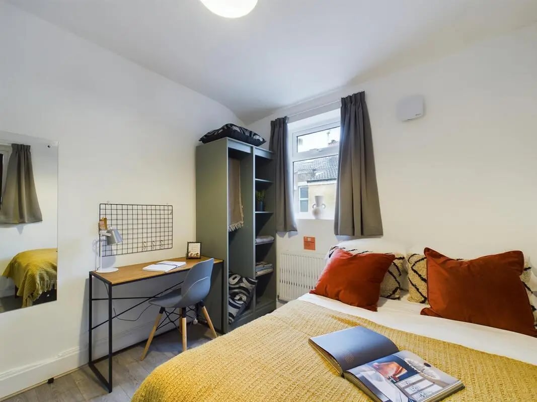 Bed desk wardrobe and mirror bedroom at 4 Bedroom House at 102, Leopold Road in Liverpool Student Accommodation