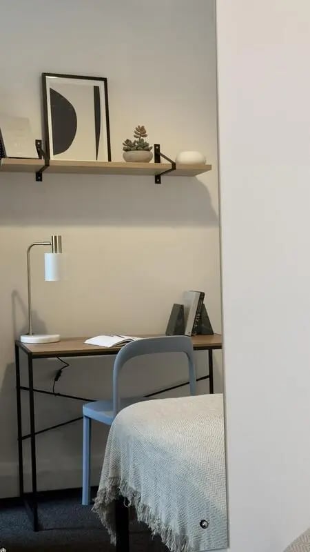 Desk lamp books plant art study area bedroom at 4 Bedroom House at 126, Empress Road in Liverpool Student Accommodation